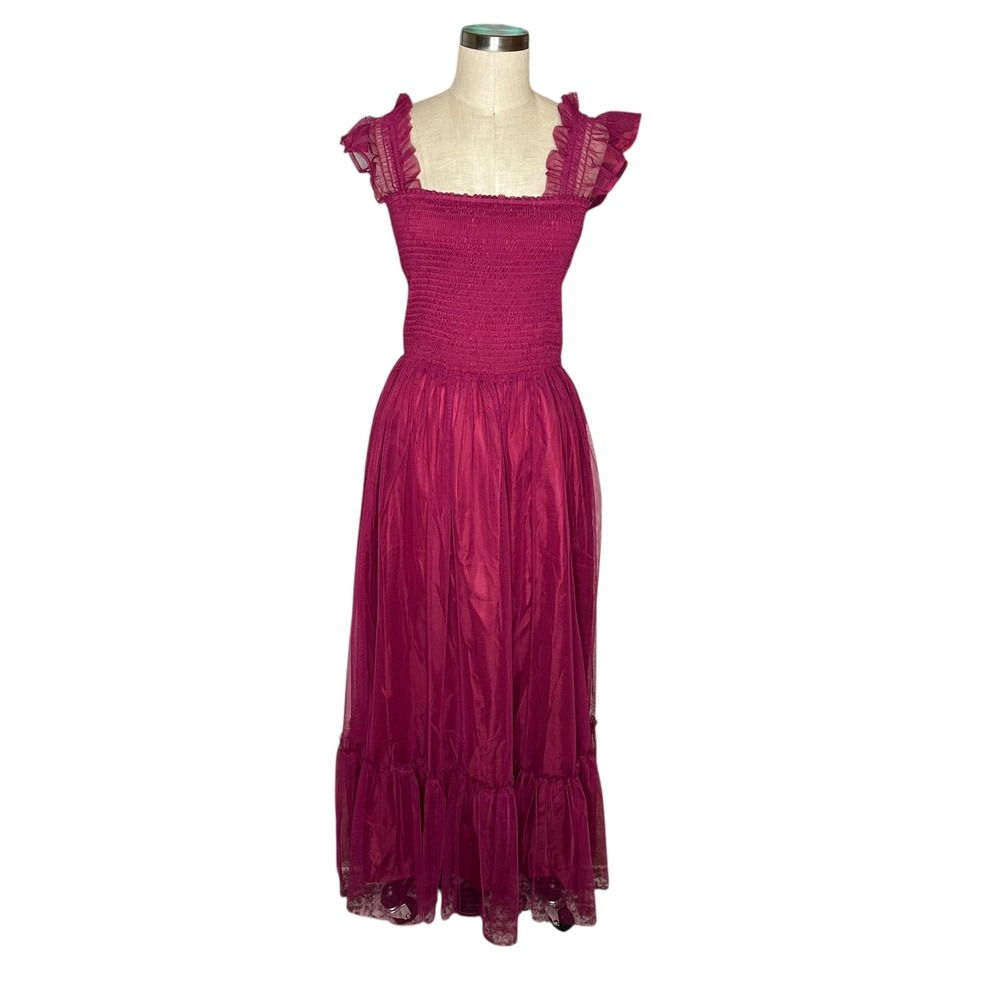 MELLODAY Magenta Smocked Tulle Maxi Dress Ruffle‎ Square Neck Women's Medium NWT
